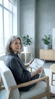 Mature businesswoman with gray hair analyzing financial data on tablet in modern office space with natural light and plants.