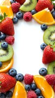 Fresh mixed berries and citrus fruits arranged in circular frame on white background creating colorful border for healthy eating and nutrition concepts.