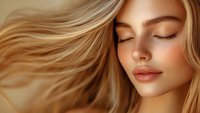 Young blonde woman with flowing hair and closed eyes in peaceful expression, natural makeup and glowing skin against warm background. Artistic beauty portrait.
