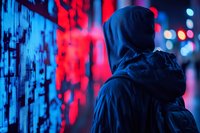 Hooded figure observing digital stock market data on large screen with red numbers indicating market crash in urban financial district at night.