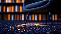 Modern black chair on colorful glitter carpet with blurred bookshelves background creating dreamy atmosphere. Artistic interior design photography with bokeh effect.