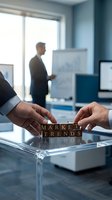 Business professionals analyzing market trends data in modern corporate office with presentation background for financial consulting services.