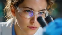 Young female scientist in protective eyewear looking through microscope in laboratory setting with blue glowing reflection in glasses and soft bokeh background.