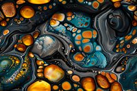 Abstract fluid art background with vibrant orange and turquoise colors mixed with black swirls, perfect for luxury design projects and modern wall decor.