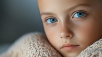 Close up portrait of young girl with striking blue eyes and natural makeup wearing cozy knit sweater against blurred background. Soft lighting creates gentle mood.