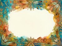 Ornamental boho frame with turquoise and gold watercolor feathers and geometric patterns, isolated on white background, ready for design projects, invitations, and decorative layouts.