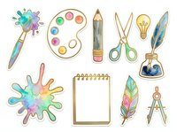 Watercolor art supplies collection with paintbrush, palette, scissors, pencil, feather, notebook, and compass isolated on white background, ready for design projects and creative illustrations.