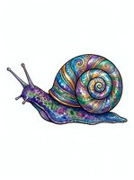 Colorful decorative snail with vibrant purple, blue, and gold patterned shell isolated on white background, suitable for t-shirt design and clipart use.