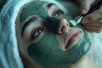 Young woman with green clay facial mask during spa treatment, close up view of face with professional brush application in cool toned lighting.