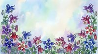 Watercolor floral border with colorful aquilegia flowers in blue, pink, and red on a soft pastel background, perfect for greeting cards.