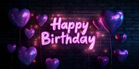 Glowing pink neon happy birthday sign on dark brick wall with purple heart-shaped balloons creating festive party atmosphere for celebration designs.