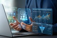 Business professional analyzing digital marketing data with holographic interface displaying analytics charts and conversion metrics on laptop screen.