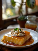 Creamy caramel flan dessert topped with whipped cream and mint leaves on white plate, drizzled with golden caramel sauce in moody lighting setting.
