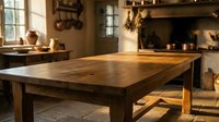 Rustic wooden dining table in warm-lit farmhouse kitchen with natural sunlight, vintage decor, and traditional shelving for home interior design projects.
