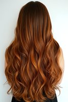 Long wavy auburn hair with copper highlights showcasing balayage technique on white background for beauty and hair care concepts.