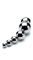 Graduated row of polished chrome spheres increasing in size from small to large, isolated on white background, suitable for design, marketing, and business concepts.