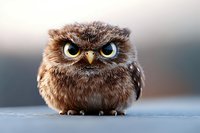 Adorable round brown owl with bright blue eyes and fluffy feathers sitting on gray surface against blurred background. Wildlife and nature photography.