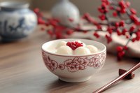 Traditional Asian rice dessert with red berries served in ceramic bowl decorated with floral pattern, alongside red winter berries and chopsticks on wooden table.