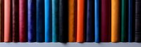 Row of colorful book spines arranged in rainbow spectrum order on shelf, creating minimalist linear pattern against dark background. Modern library concept.