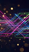 Neon glowing circuit board lines in magenta, cyan, and lime green intersecting across dark background with golden bokeh particles, representing digital technology and data flow.