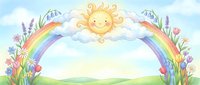 Cheerful sun with smiling face surrounded by fluffy white clouds, vibrant rainbow arc, and colorful spring flowers in whimsical cartoon style for children.