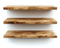 Empty wooden shelves isolated on white background, natural oak texture floating wall shelves for product display and home interior design.