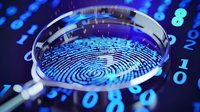 Digital fingerprint scan through magnifying glass on blue background with binary code numbers, representing cybersecurity and biometric identification technology.