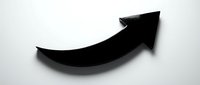 Black curved arrow pointing upward and right on white background, isolated graphic element for business presentations and design projects.