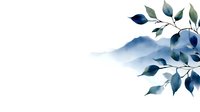 Watercolor navy blue leaves branch with misty mountains silhouette on white background, botanical art composition for wall decor and stationery design.