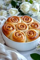 Freshly baked cinnamon rolls in white ceramic baking dish, garnished with white roses and green leaves on light background, close up view of sweet pastry.