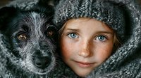 Young Caucasian girl with blue eyes and freckles wearing knitted winter hat posing with black and white dog companion in cozy portrait for lifestyle content.
