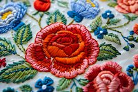 Detailed embroidered floral pattern featuring vibrant orange and red roses with blue flowers and green leaves on white fabric, showcasing intricate needlework technique.