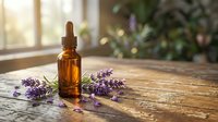 Amber glass dropper bottle with lavender essential oil on rustic wooden table. Natural aromatherapy and wellness concept with fresh purple flowers in sunlight.