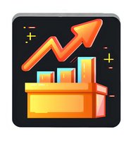 Bright orange upward trending arrow above golden box with bar chart, symbolizing business growth and financial success on dark background.