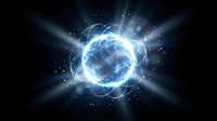 Glowing blue energy sphere with electric lightning effects and bright light rays on dark space background for sci-fi and technology concepts.