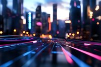 Futuristic urban landscape with glowing neon light trails against blurred city skyline at dusk, creating dynamic motion effect with blue and pink streaks.