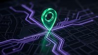 Glowing green location pin on futuristic digital circuit board with purple neon pathways for navigation technology and GPS mapping applications.