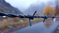 Barbed wire fence with water droplets against blurred autumn mountain landscape background, creating moody atmospheric scene in nature.