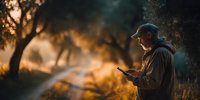 Senior man using smartphone outdoors during golden hour sunset with warm lighting and natural forest background for technology and lifestyle concepts.