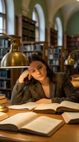 Tired young woman student studying in historic university library with brass lamps and books scattered on wooden desk for academic research and education.