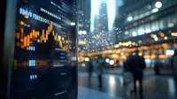 Financial market data displayed on digital screen with blurred urban cityscape and business person silhouette at night, illuminated by bokeh lights and skyscrapers.