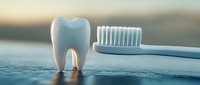 White healthy tooth model and toothbrush on blue surface in morning light, dental care and oral hygiene concept for dentistry and healthcare marketing.