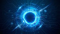 Futuristic blue digital technology circle with glowing neon lights and circuit board patterns on dark background for tech design projects.