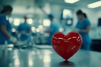 Red glossy heart shape on medical office desk with blurred hospital staff in background, symbolizing healthcare, love and compassion in medicine.