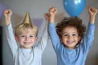 Two joyful young boys celebrating with raised arms, one wearing gold party hat. Genuine expressions of happiness and friendship captured in natural light setting.