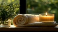 Glowing aromatherapy candle with white rolled towel and green plant on wooden surface against blurred natural background creates peaceful spa atmosphere.