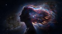 Woman silhouette with cosmic nebula hair against starry space background. Surreal portrait blending human form with galaxy elements for creative projects.