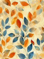 Seamless autumn leaves pattern in orange and blue watercolor style on beige background. Delicate botanical motif repeats for continuous surface design.