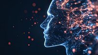 Digital profile silhouette with glowing network connections and particles, representing artificial intelligence and neural networks for technology concepts.