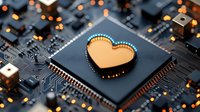 Golden heart shape on computer processor chip with glowing circuit board background and bokeh lights, representing artificial intelligence and emotional technology.